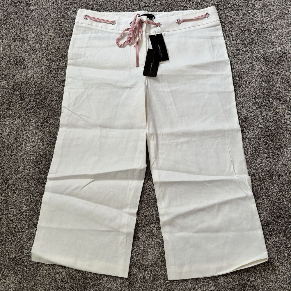 BCBG MaxAzria Linen Blend White Cropped Pants Ribbon Tie Women’s Size 10 NWT